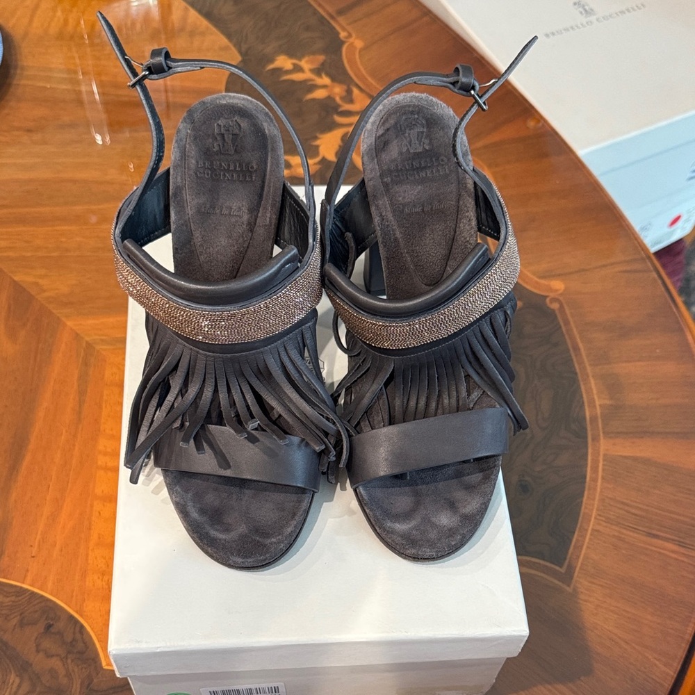 Brunello Cucinelli Fringe Black Sandals